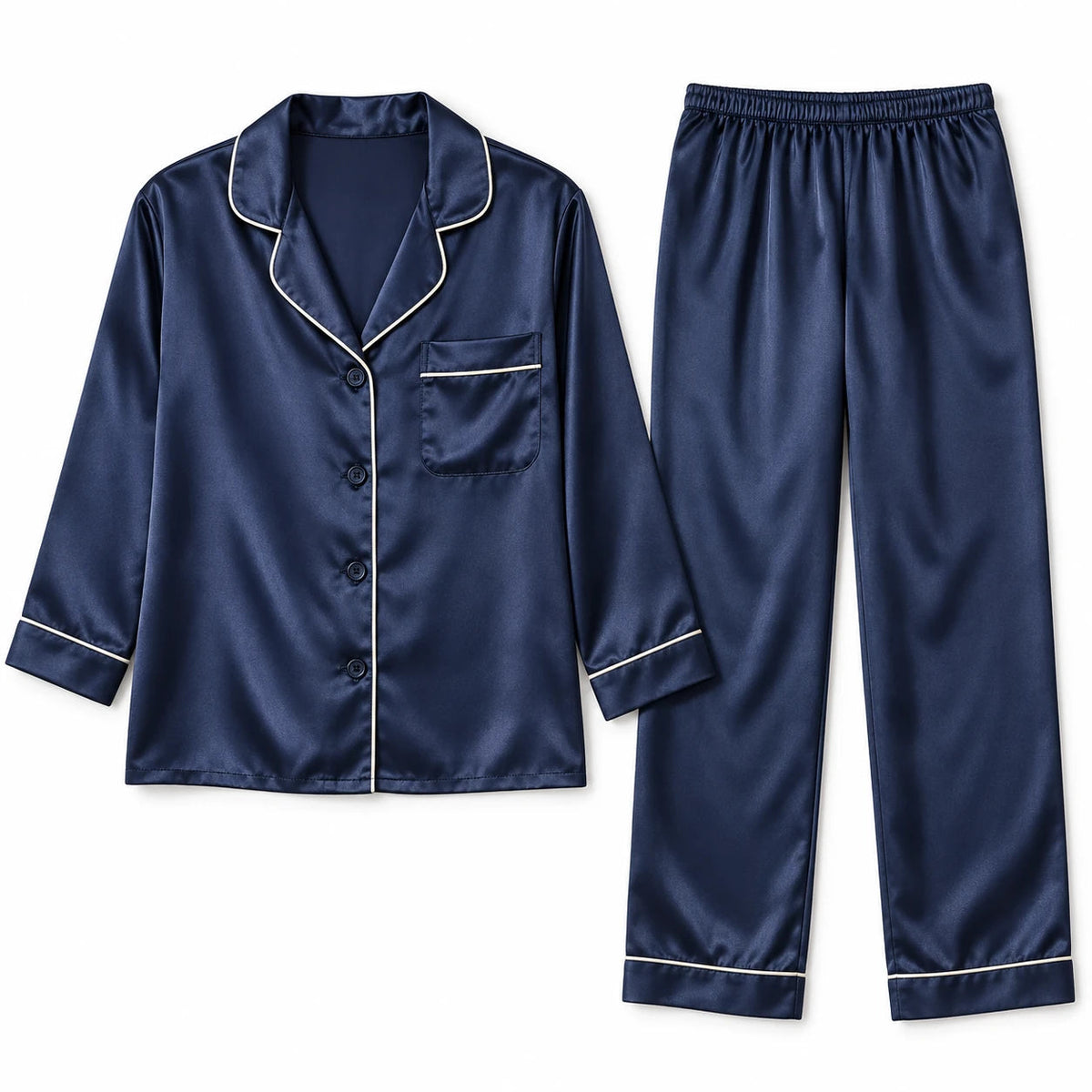 Signature Lounge Set / ネイビー：上下を広げた全体（実物参照の生成画像）