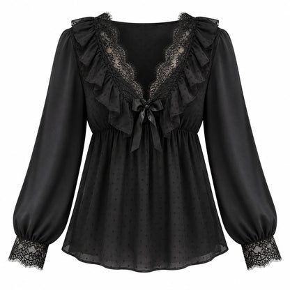 Ruffle Lace / ブラック：トップスを広げた全体（実物参照の生成画像）