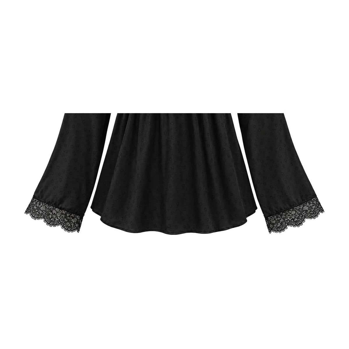 Ruffle Lace / ブラック：袖口とトップス裾（実物参照の生成画像）
