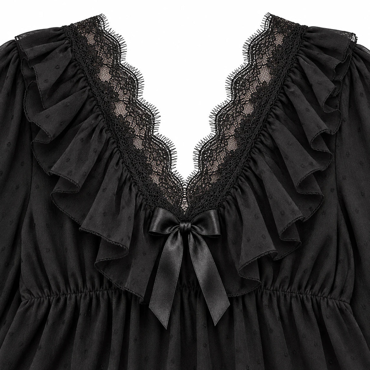 Ruffle Lace / ブラック：胸元のリボン（実物参照の生成画像）