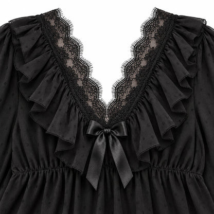 Ruffle Lace / ブラック：胸元のリボン（実物参照の生成画像）