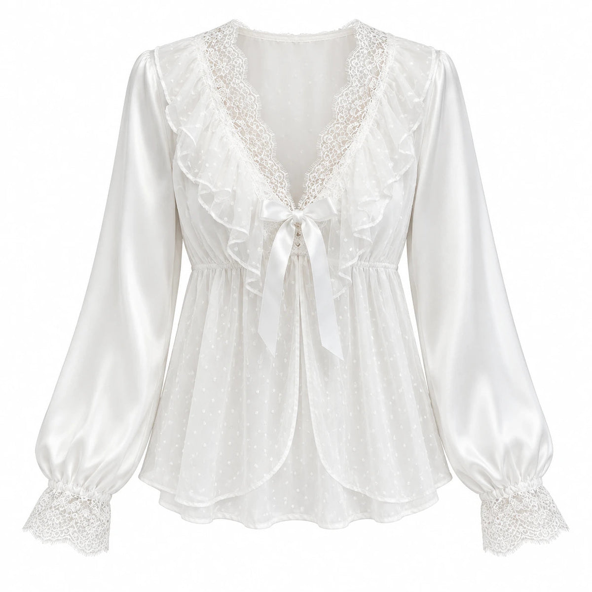 Ruffle Lace / ホワイト：トップスを広げた全体（実物参照の生成画像）