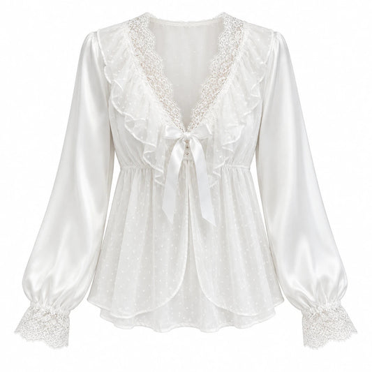 Ruffle Lace / ホワイト：トップスを広げた全体（実物参照の生成画像）