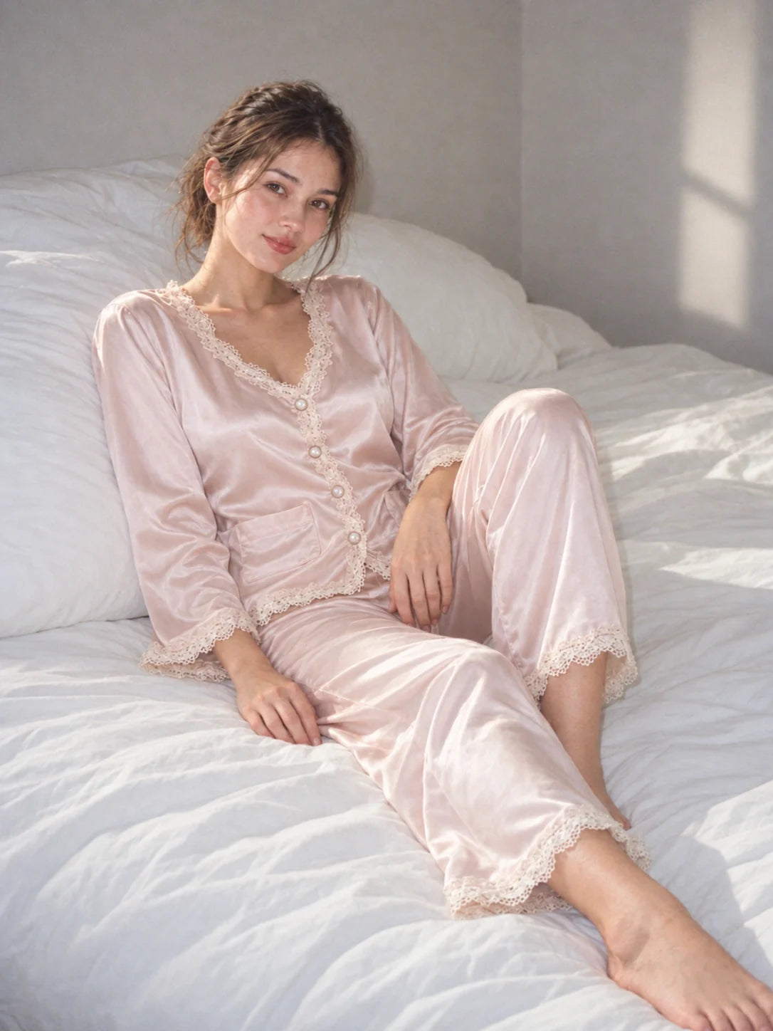 薄いカーテン越しの朝の光の中でペールピンクのSoft Laceを着た女性。キャンペーンイメージ